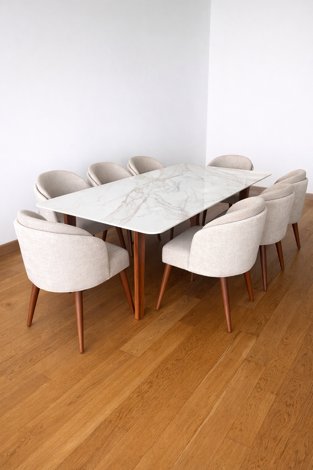 Modern White Marble Rectangular Dining Table Set with Beige Upholstered Chairs (8-Piece)