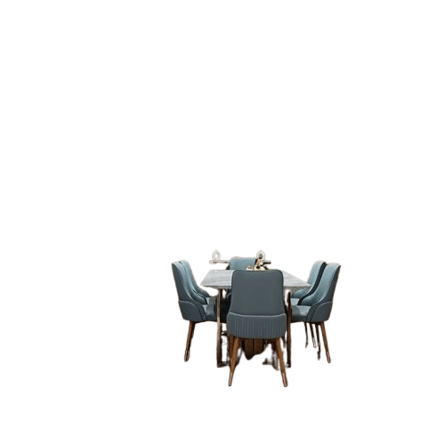 6-Seater Table Set with Blue Upholstered Chairs
