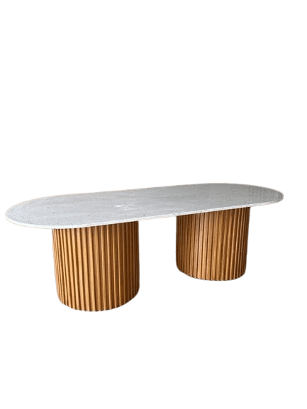 Modern Dining Table with Purpleheart Wood Base & Marble Top — photo 1