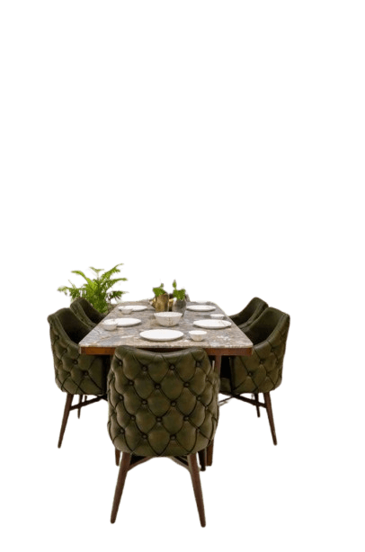 Luxury Green Dining Chair Set with Marble Top Table - 6 Seater
