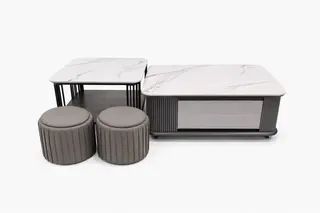 Modern Marble Top Coffee Table Set with Storage & 2 Poufs - Luxury Center Table
