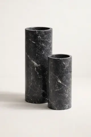 Black Marble Vase Set of 2 - Handmade Udaipur Stone Flower Vases, 18 & 12 Inch